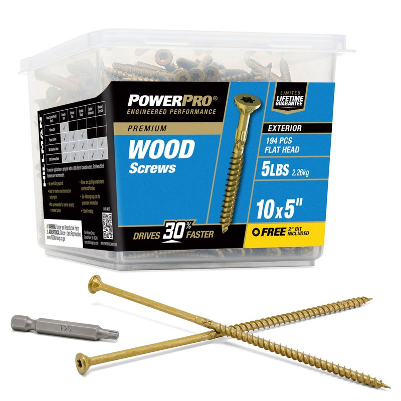 Power Pro Premium Exterior Wood Screws, #10 x 5 Inch All-Purpose Deck Screws for Outdoor Projects, T-25 Star Bit Included, Bronze, 194 Pieces | 48617V4 - Image 1